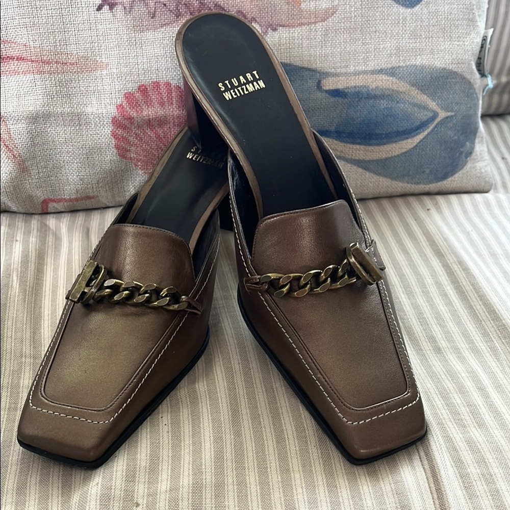Stuart Weitzman Brown/Bronze Mules with Chain Detail